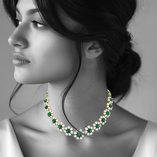 Polki Necklace with Emerald Accents and Blooming Design